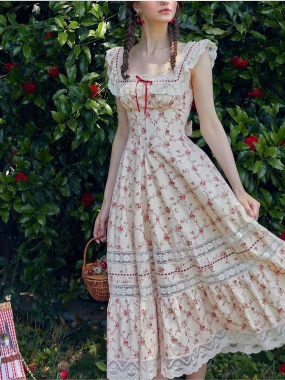 Romantic Cream Maxi Dress with Red Floral Print